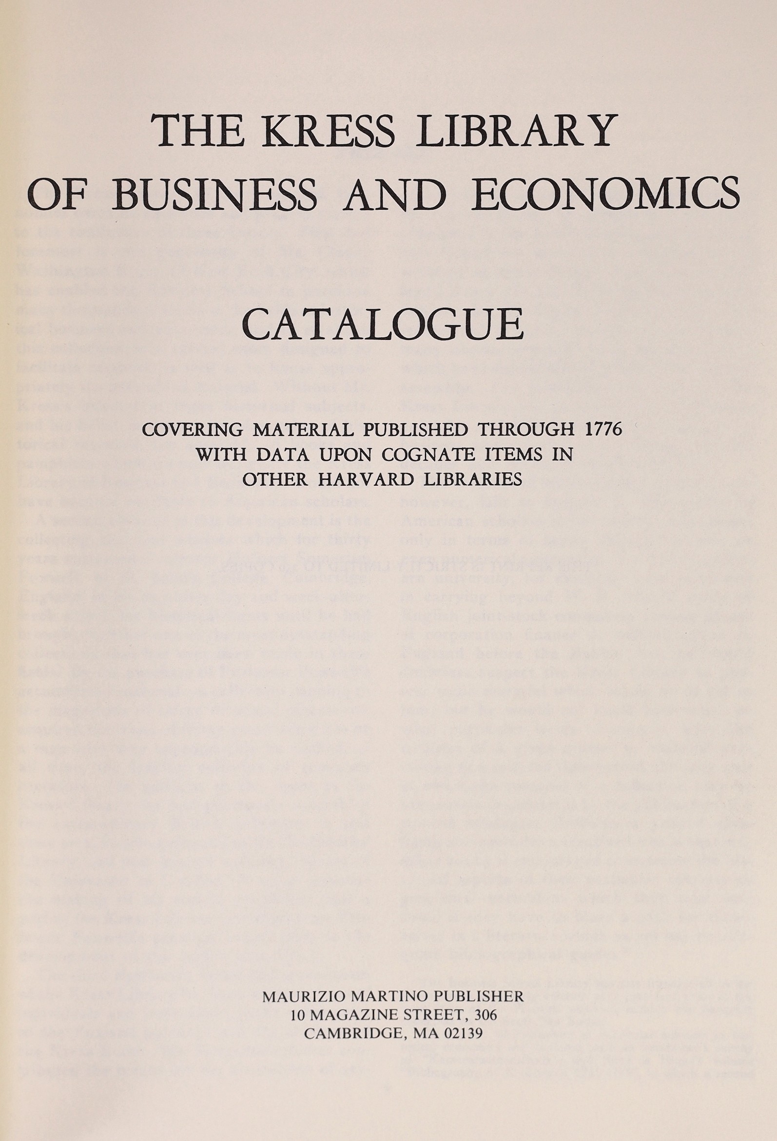 The Kress Library of Business and Economics, Catalogue. 4 vols. publisher's gilt lettered cloth, 4vo. Boston & Cambridge (Mass.), 1964